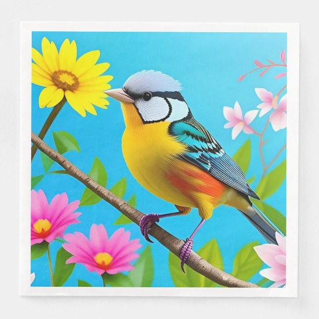 Lebhafter Songbird auf einem blühenden Zweig Serviette (Vorderseite)