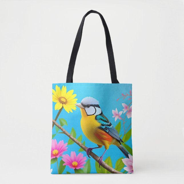 Lebhafter Songbird auf einem blühenden Zweig Tasche (Vorderseite)