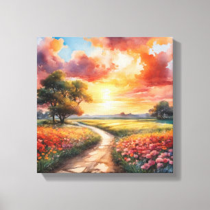 Lebhafter Sonnenuntergang durch ein Feld von Blume Leinwanddruck