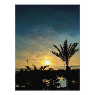 Lebhafter Sonnenuntergang mit silberfarbenen Palme Fotodruck