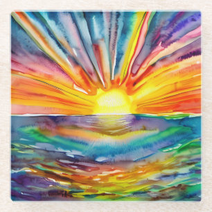 Lebhafter Sonnenuntergang über dem Wasser Reflekti Glasuntersetzer