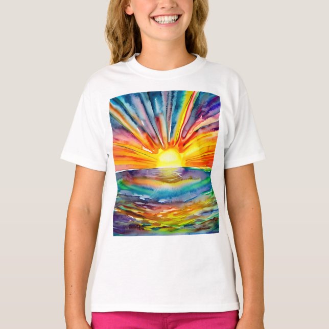 Lebhafter Sonnenuntergang über dem Wasser Reflekti T-Shirt (Vorderseite)