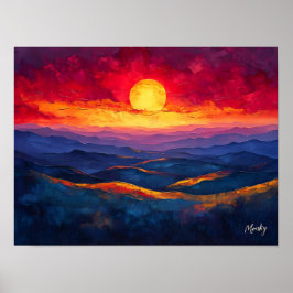 Lebhafter Sonnenuntergang über Gebirgskette - Abst Poster