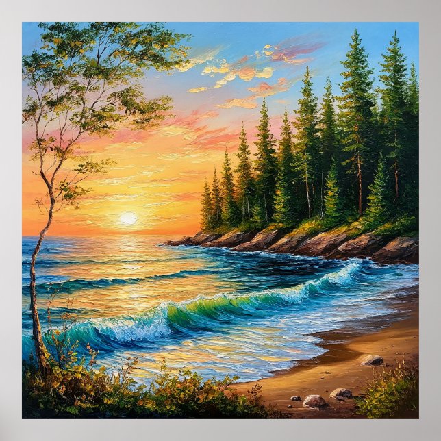 Lebhafter Sonnenuntergang über Meereswellen Poster (Vorne)