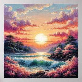 Lebhafter Sonnenuntergang über Meereswellen Poster