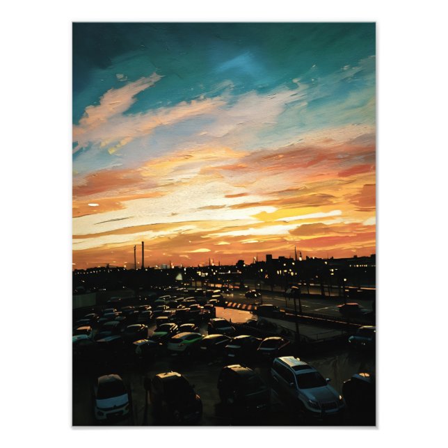 Lebhafter Sonnenuntergang über Stadtbild und Parkp Fotodruck (Vorne)