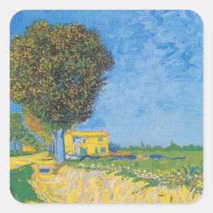 Lebhafter sonniger Weg & Gelbes Haus von Van Gogh Quadratischer Aufkleber
