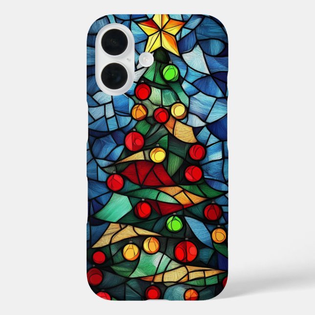 Lebhafter verklebter Weihnachtsbaum aus Glas iPhone 16 Hülle (Rückseite)