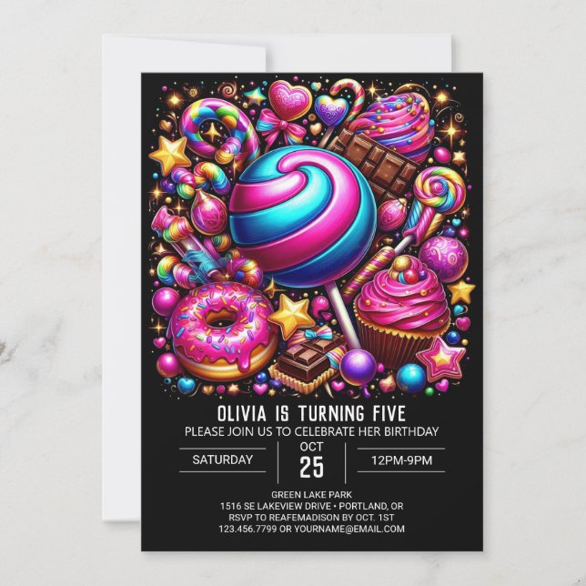 Lebhafter, verzauberter Candyland Digital Geburtst Einladung (Vorderseite)