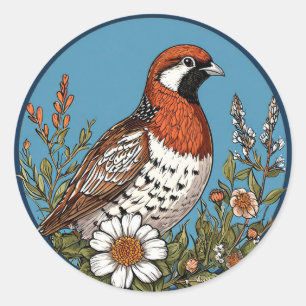 Lebhafter Vogel umgeben von bunten Wildblumen Runder Aufkleber