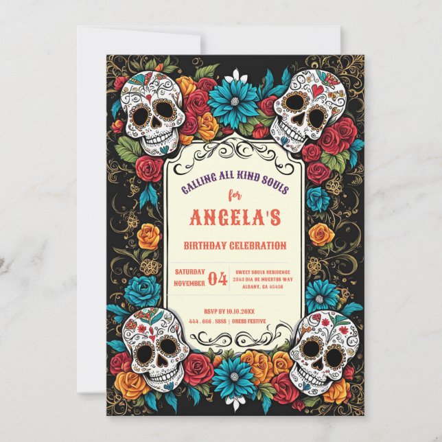 Lebhafter Zucker Skulls Día de Los Muertos Geburts Einladung (Vorderseite)