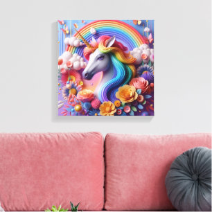 Lebhaftes 3D-Einhorn-Portrait mit floralen Akzente Leinwanddruck