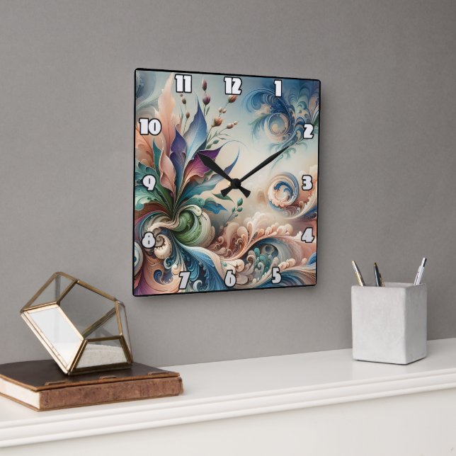 Lebhaftes Abstraktes Blumendesign in sanften Farbe Quadratische Wanduhr (Büro)