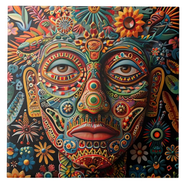 Lebhaftes Abstraktes ethnisches Huichol-Stammmuste Fliese (Vorderseite)