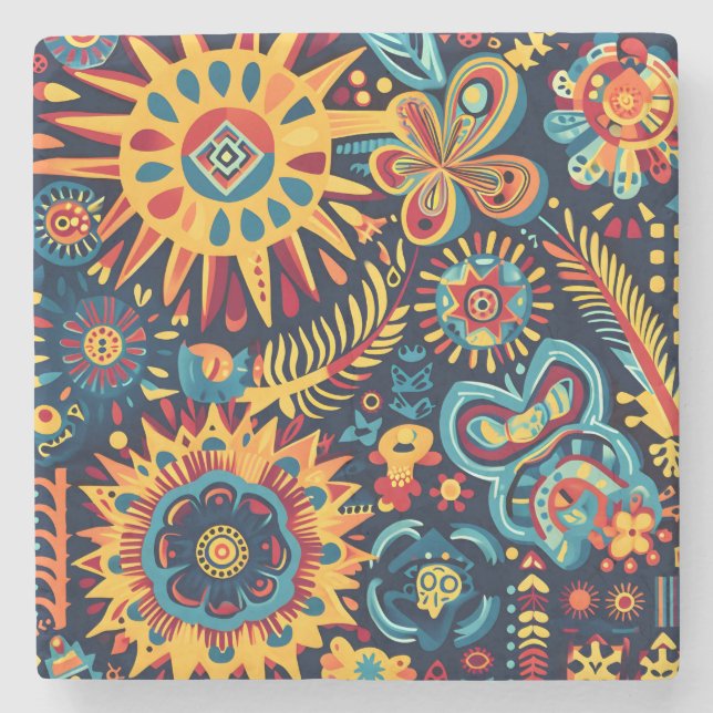 Lebhaftes Abstraktes ethnisches Huichol-Stammmuste Steinuntersetzer (Vorderseite)