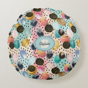 Lebhaftes Abstraktes Pinselstrich und Polka Dot Pa Rundes Kissen