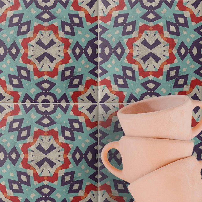 Lebhaftes Aquamarines rotes Beige geometrisches Mu Fliese (Von Creator hochgeladen)