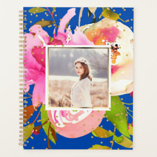 Lebhaftes Blue Floral- und Confetti-Foto Planer