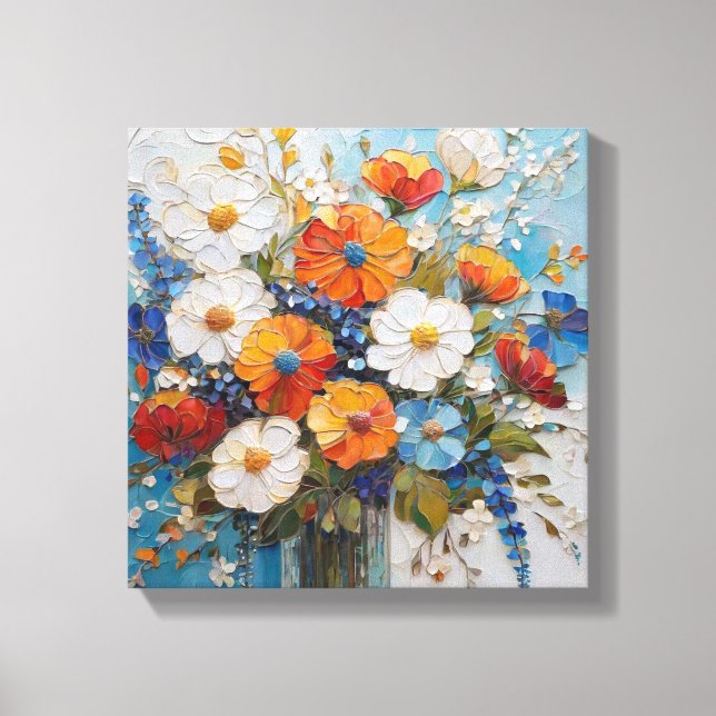 Lebhaftes BlumenBouquet in farbenfroher Vase Leinwanddruck (Vorderseite)