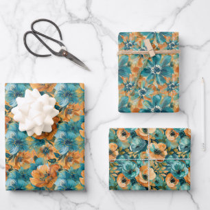 Lebhaftes Blumenmuster mit feinem, Aquamarinem, tü Geschenkpapier Set
