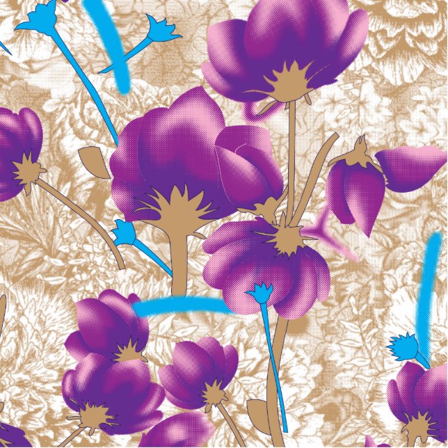 Lebhaftes Blumenmuster mit lila und blauem f Freistehende Fotoskulptur (Vorne)