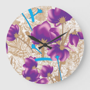 Lebhaftes Blumenmuster mit lila und blauem f Große Wanduhr