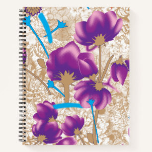 Lebhaftes Blumenmuster mit lila und blauem f Notizbuch