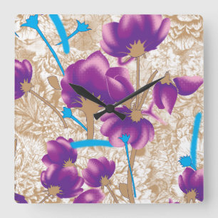 Lebhaftes Blumenmuster mit lila und blauem f Quadratische Wanduhr