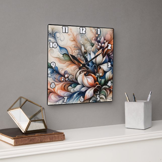 Lebhaftes Blumenmuster Quadratische Wanduhr (Büro)