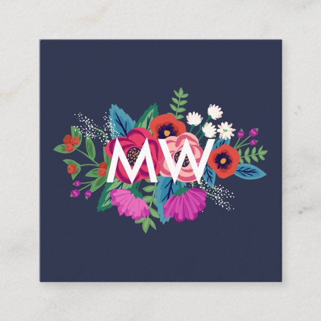 Lebhaftes Boho Floral Bouquet Monogram Quadratische Visitenkarte (Vorderseite)