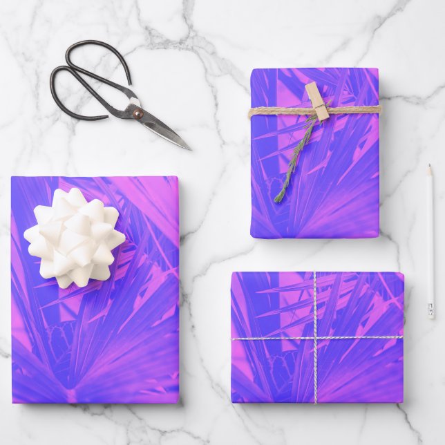 Lebhaftes Boho tropisches botanisches Leaf Lila ro Geschenkpapier Set (Vorderseite)