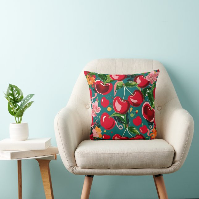 Lebhaftes Cherry- und Blumenmuster auf Aquamarinem Kissen (Stuhl )