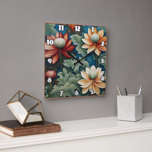 Lebhaftes Chrysanthemum-Design Quadratische Wanduhr (Büro)