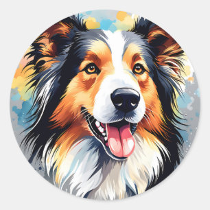 Lebhaftes Collie Dog Watercolor Portrait Runder Aufkleber