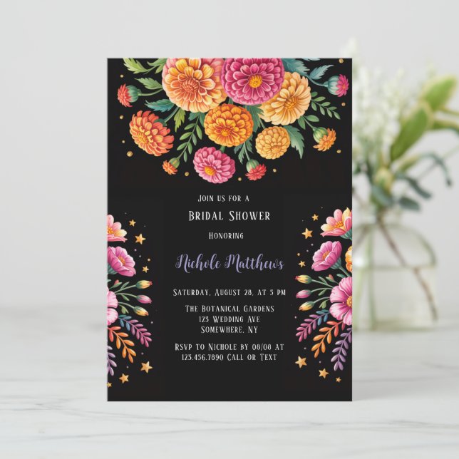 Lebhaftes Fiesta Wedding Bouquet Brautparty Einladung (Stehend Vorderseite)