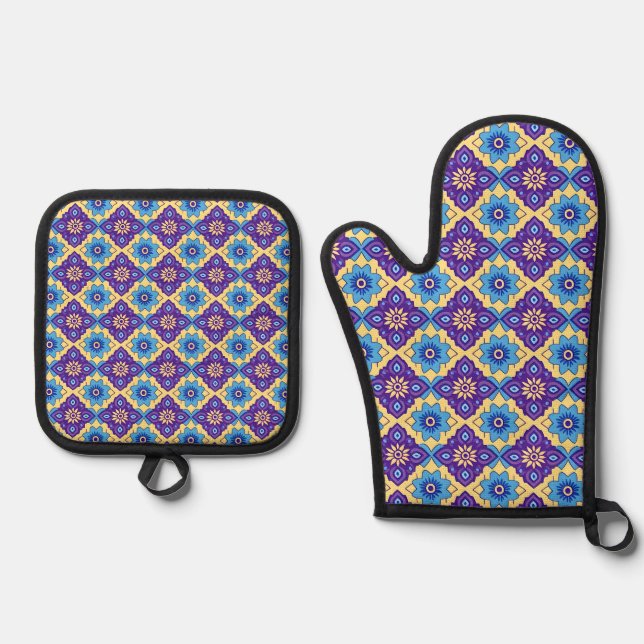 Lebhaftes geometrisches Muster der Retro-Geometrie Ofenhandschuh & Topflappen-Set (Vorderseite)