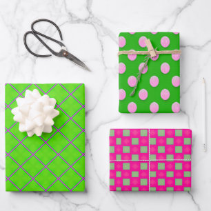 Lebhaftes geometrisches Muster in Grün und Rosa Geschenkpapier Set