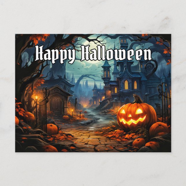 Lebhaftes glühendes Spooky Pumpkin Happy Halloween Postkarte (Vorderseite)