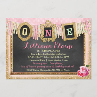 Lebhaftes Gold Glitzer First Birthday Banner Einladung