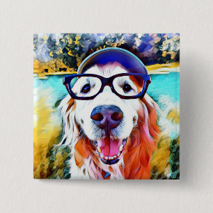 Lebhaftes Golden Retriever Nerd Brillen Gemälde Button
