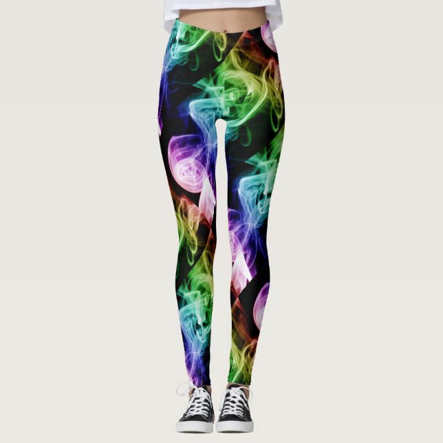Lebhaftes grünes Blau Lila Abstraktes Rauchen Leggings (Vorderseite)