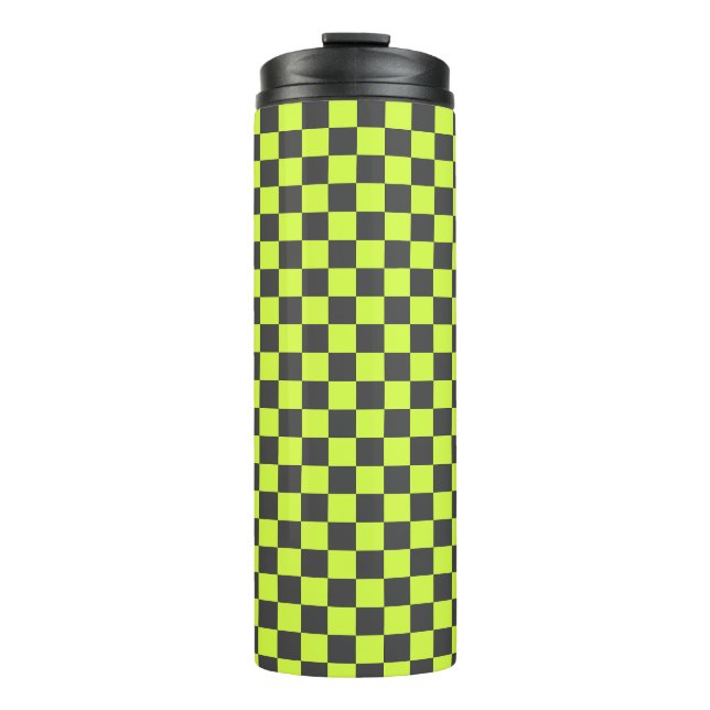 Lebhaftes grünes und graues, kariertes Muster Thermosbecher (Vorderseite)