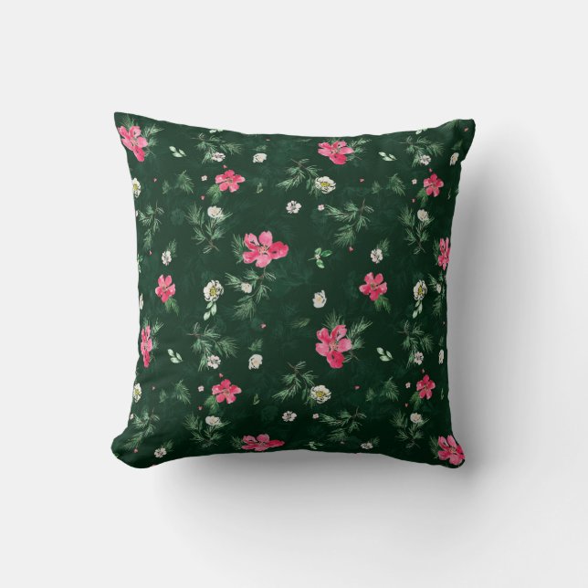 Lebhaftes, grünes und rosa Blumenmuster Kissen (Vorderseite)