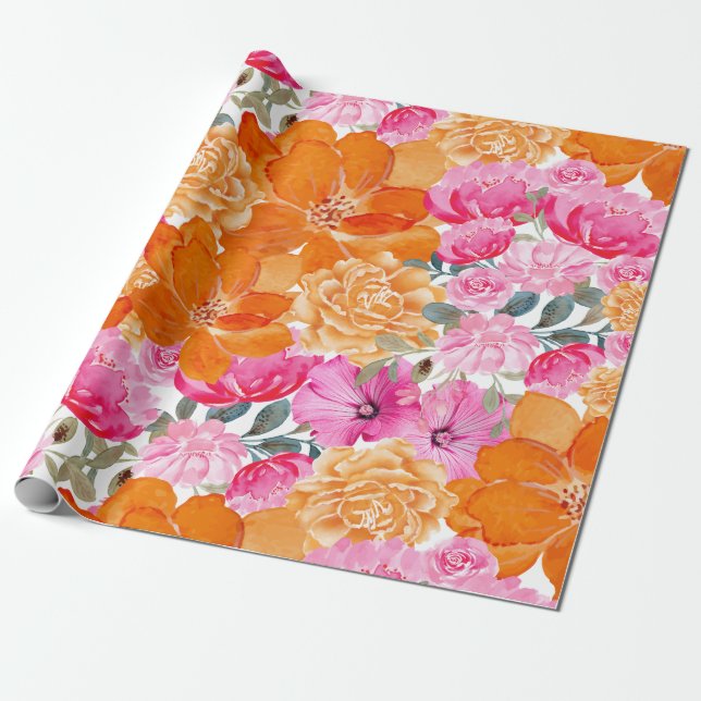Lebhaftes, helles Rosa und orangefarbenes Blumenge Geschenkpapier (Ungerollt)