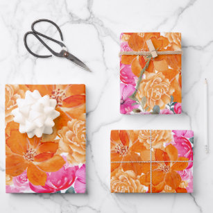 Lebhaftes, helles Rosa und orangefarbenes Blumenge Geschenkpapier Set