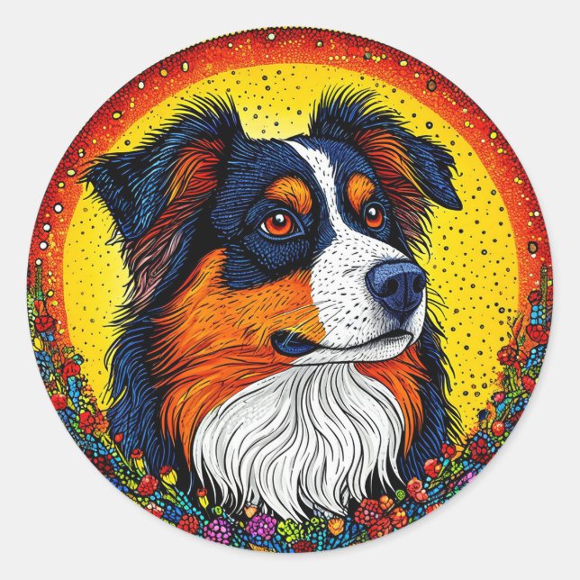 Lebhaftes Illustriertes Portrait eines Hundes Runder Aufkleber (Vorderseite)