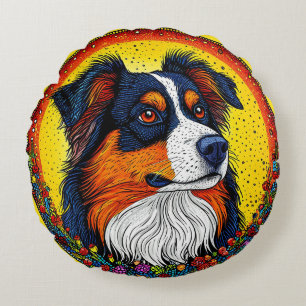 Lebhaftes Illustriertes Portrait eines Hundes Rundes Kissen
