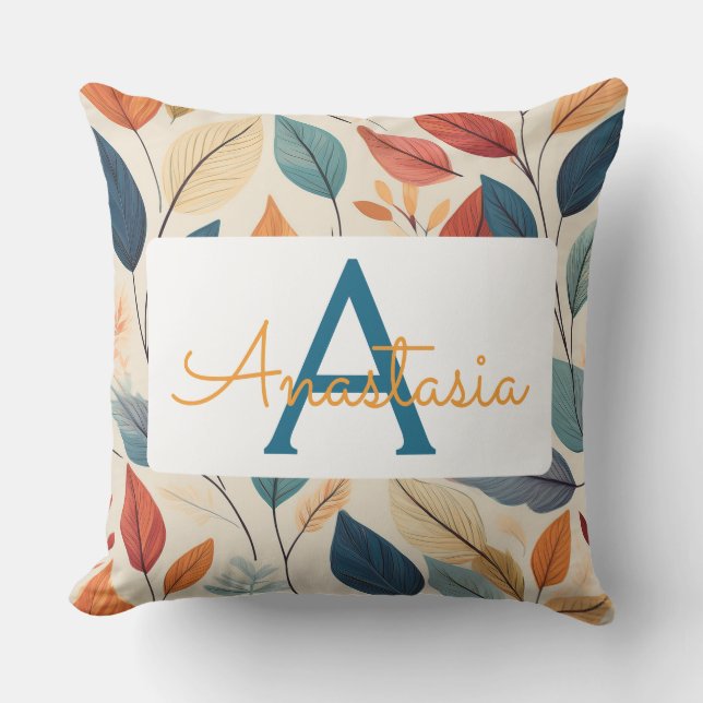 Lebhaftes Leaf-Muster mit Name und Monogramm Kissen (Vorderseite)