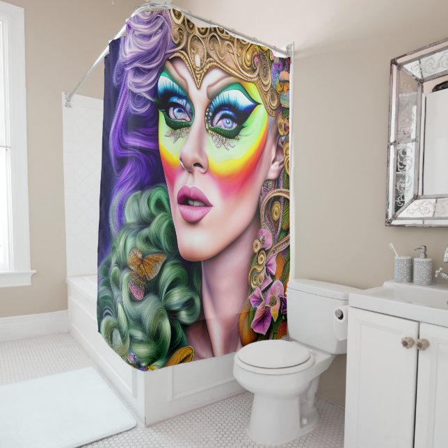 Lebhaftes LGBTQ-Portrait Drag Queen Artwork Duschvorhang (Beispiel)