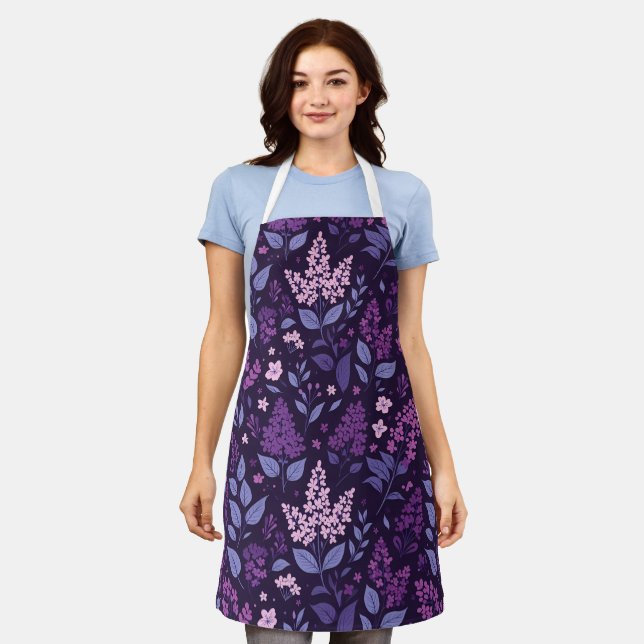 Lebhaftes Lilac Floral Muster Schürze (Getragen)